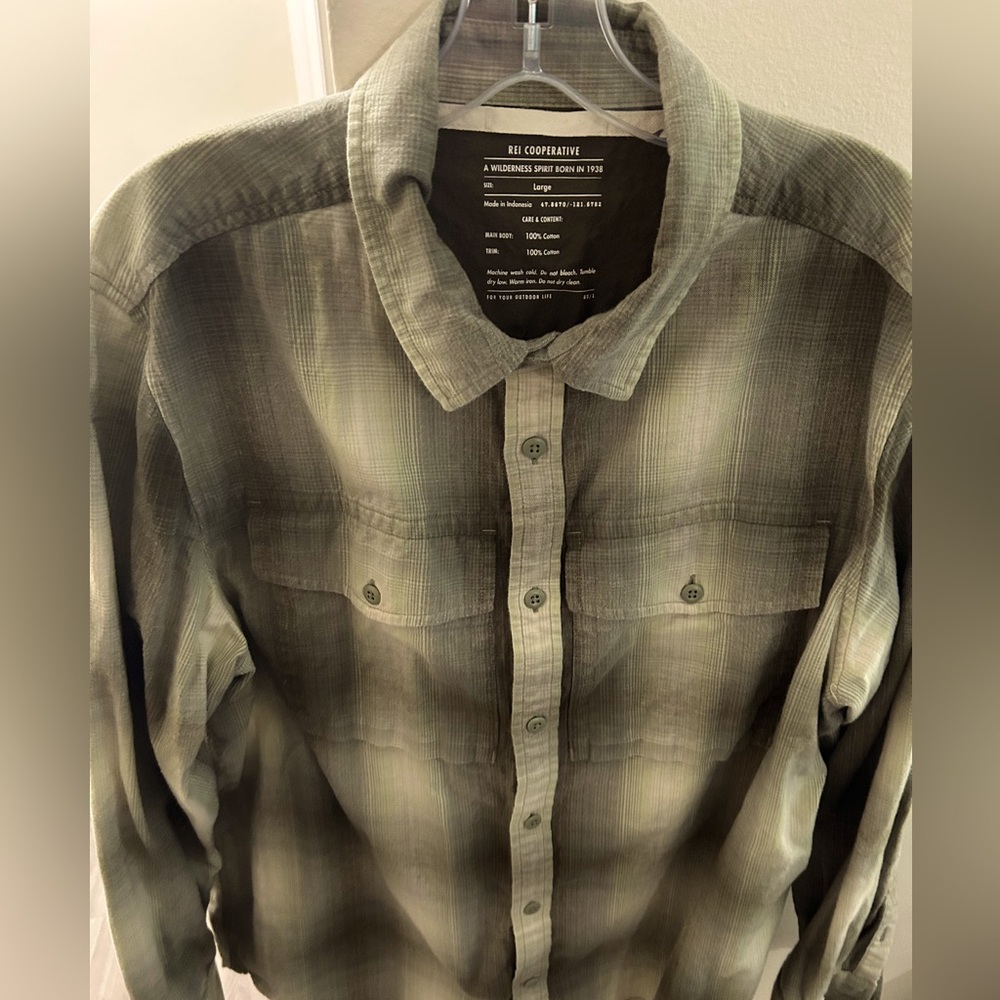 REI Co-op Men’s Flannel Shirt Large Green Plaid Button-Up Outdoor Hiking